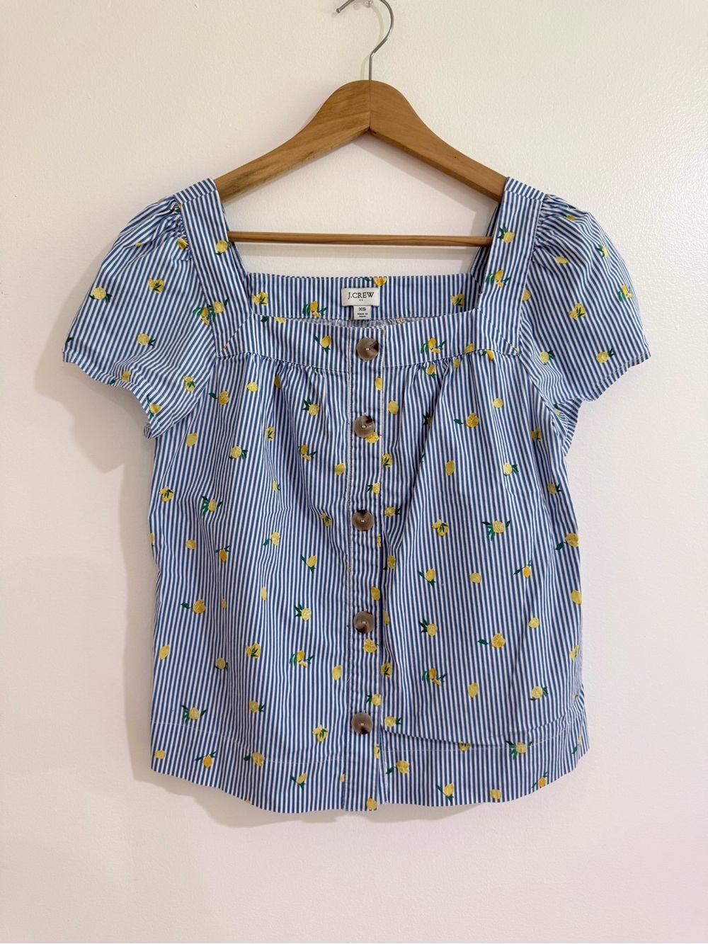 J.Crew Lemon Print Blue Stripe Square Neck Blouse XS